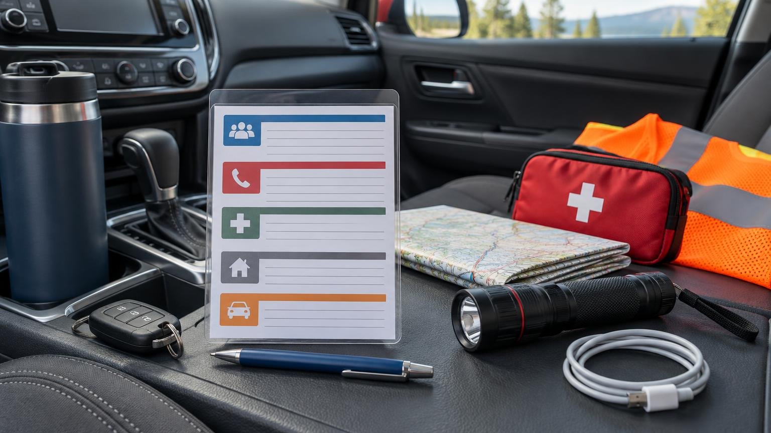 Preparedness items arranged inside a car: a blank emergency information card in a clear sleeve, first-aid kit, high-visibility vest, folded road map, flashlight, charging cable, pen, keys, and insulated tumbler.
