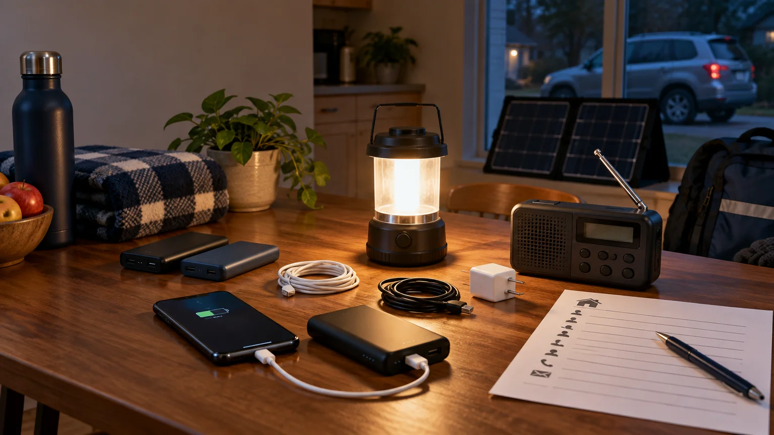 A smartphone charging from a power bank on a wooden table with spare power banks, cables, a lantern, solar panels, a weather radio, a water bottle, and a handwritten planning sheet.