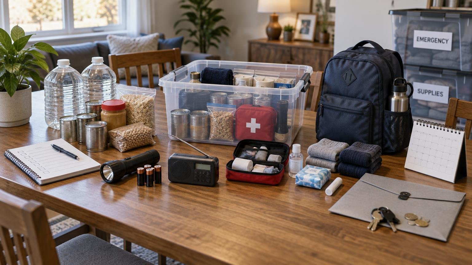 Organized emergency supplies spread across a wooden dining table, including water bottles, canned food, dry goods, a first-aid kit, flashlight, batteries, radio, backpack, folded clothing, calendar, and labeled storage bins.
