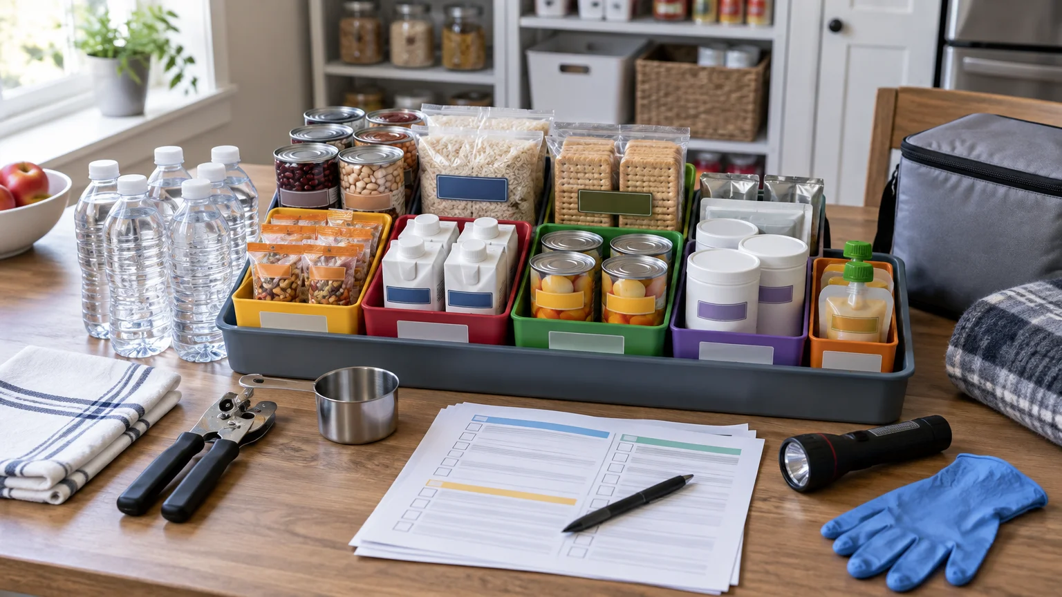 Organized emergency food and water supplies in labeled bins on a kitchen table, with bottled water, canned goods, packaged foods, a checklist, flashlight, gloves, and insulated bag.
