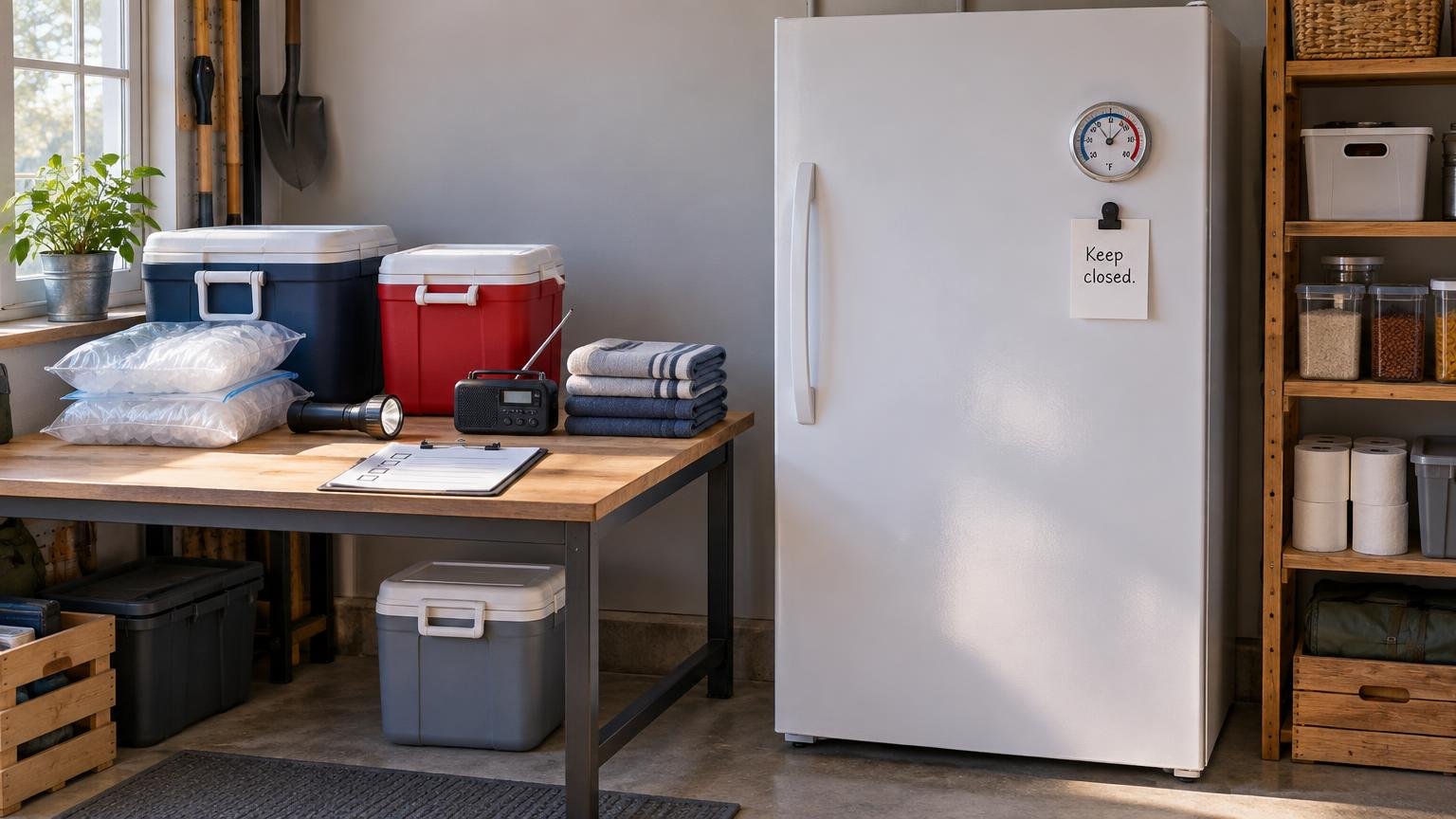 Preparedness supplies beside a white upright freezer, including coolers, bags of ice, a flashlight, a weather radio, folded blankets, and a checklist; a note on the freezer says “Keep closed.”