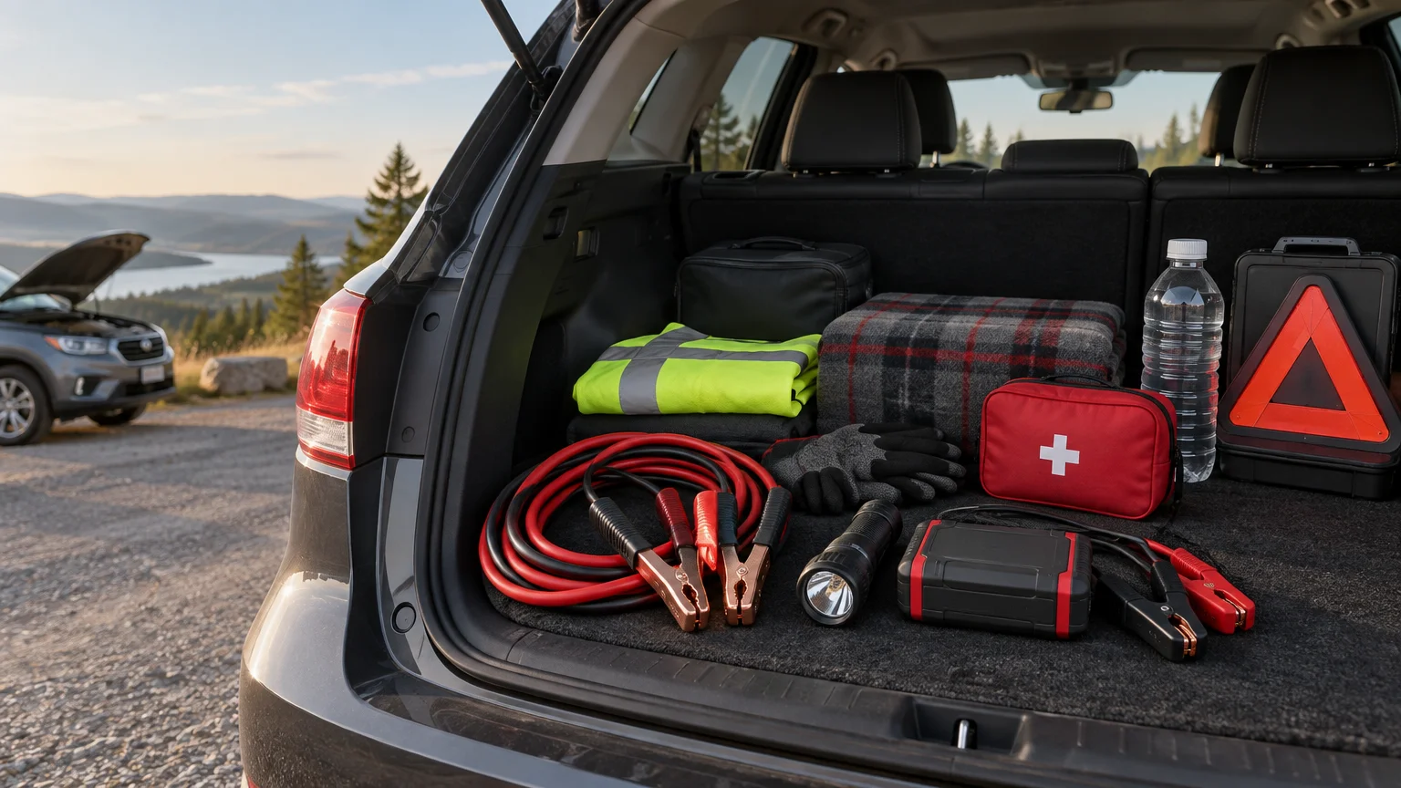 Open SUV cargo area organized with jumper cables, a portable jump starter, flashlight, first-aid pouch, reflective vest, blanket, gloves, water bottle, and warning triangle; another car with its hood open is in the background.