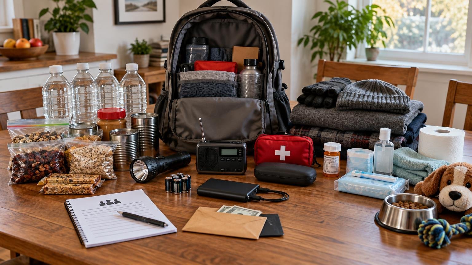 Organized emergency supplies on a dining table, including bottled water, canned and packaged food, a backpack, flashlight, battery-powered radio, batteries, first-aid pouch, medicine bottle, hygiene items, blankets, pet supplies, cash, and a communication notebook.