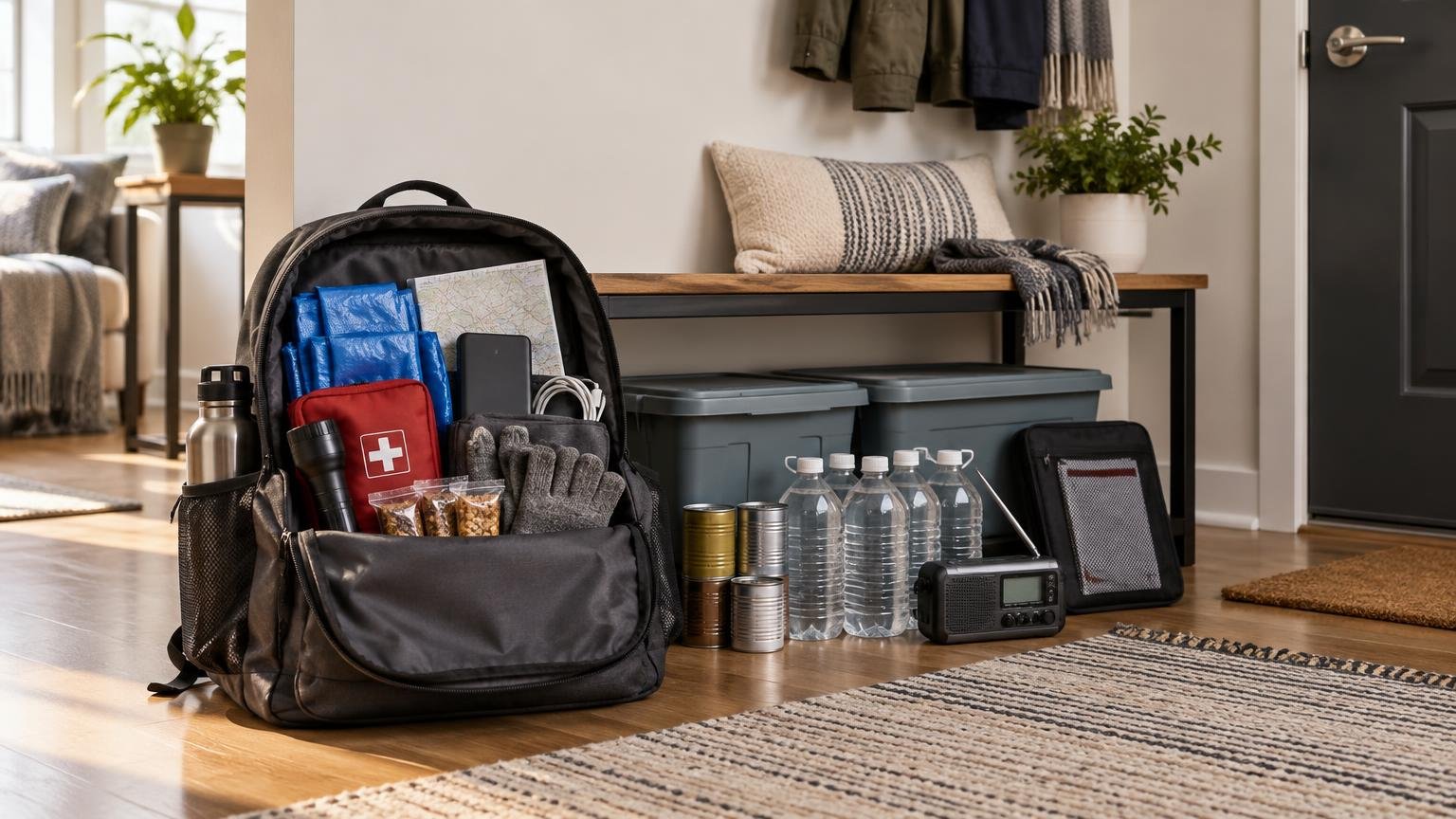 Open black emergency go-bag beside stacked storage bins in an apartment entryway, with water bottles, canned food, a flashlight, weather radio, first-aid pouch, gloves, map, and folded supplies.