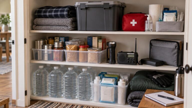 Open household closet organized with emergency supplies including water bottles, canned and packaged food, blankets, a first-aid kit, flashlight, battery radio, sanitation items, gloves, and a notebook.