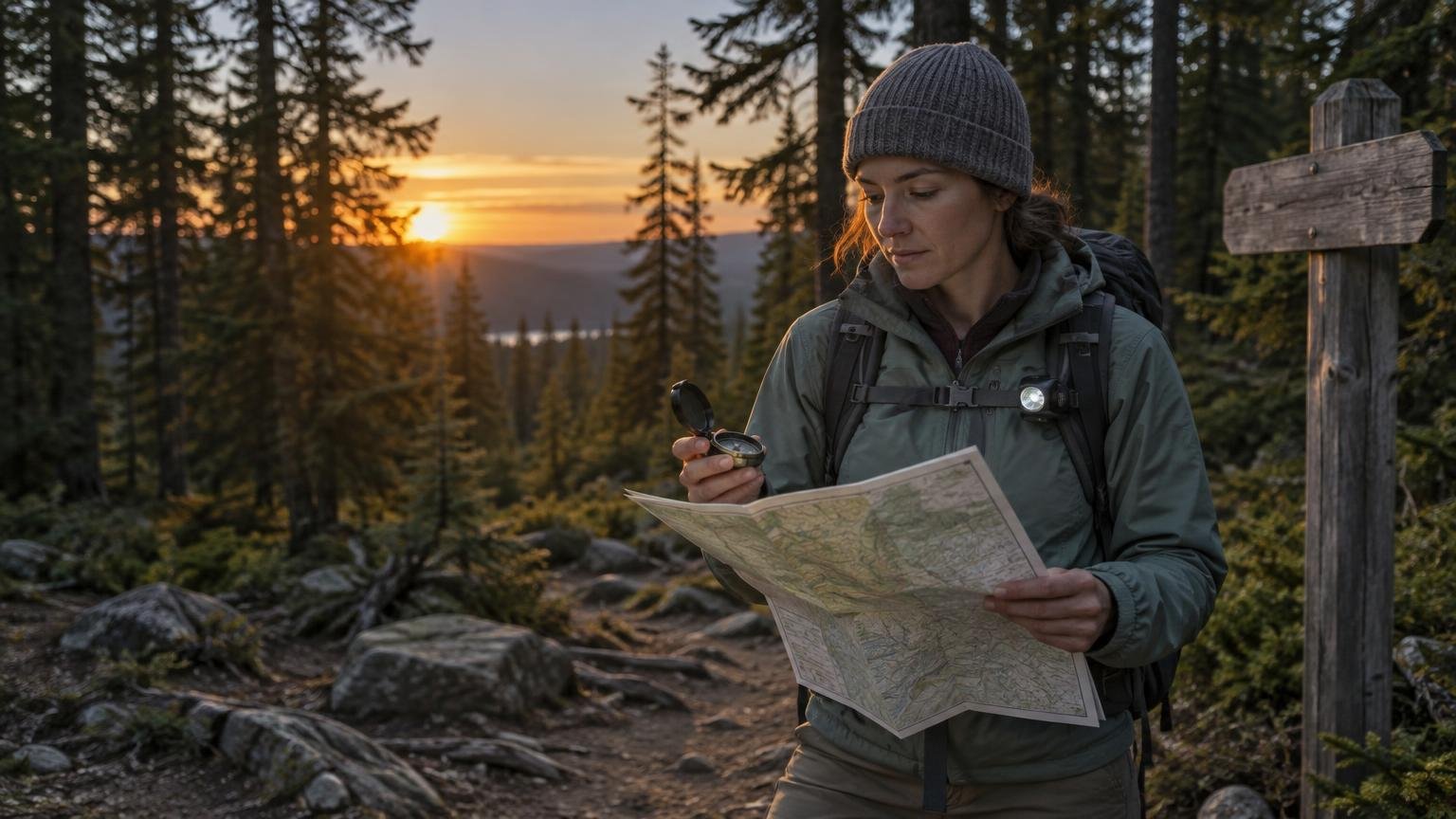 Hiker in a knit hat checks a compass and paper map beside a forest trail at sunset, with a backpack and chest-mounted light visible.