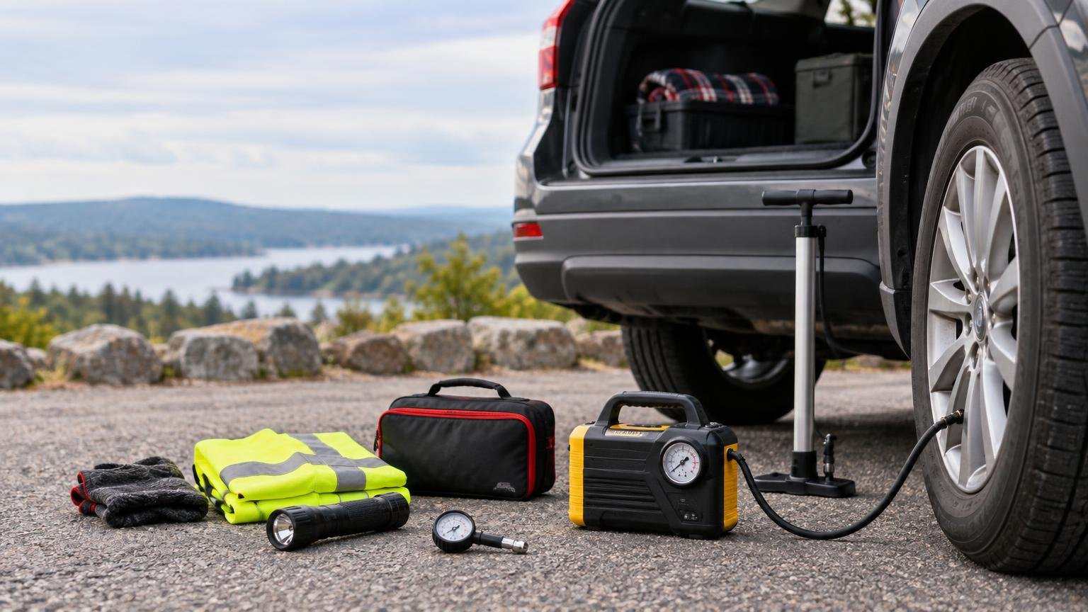 Portable electric tire inflator connected to an SUV tire beside an upright manual pump, reflective vest, flashlight, gloves, pressure gauge, and emergency kit at a scenic roadside overlook.