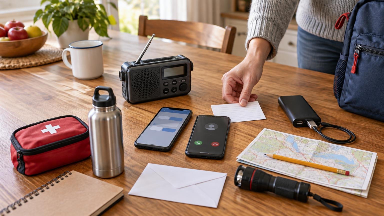 Preparedness supplies on a wooden table, including two smartphones, a weather radio, first-aid kit, water bottle, power bank, flashlight, paper map, and contact card.