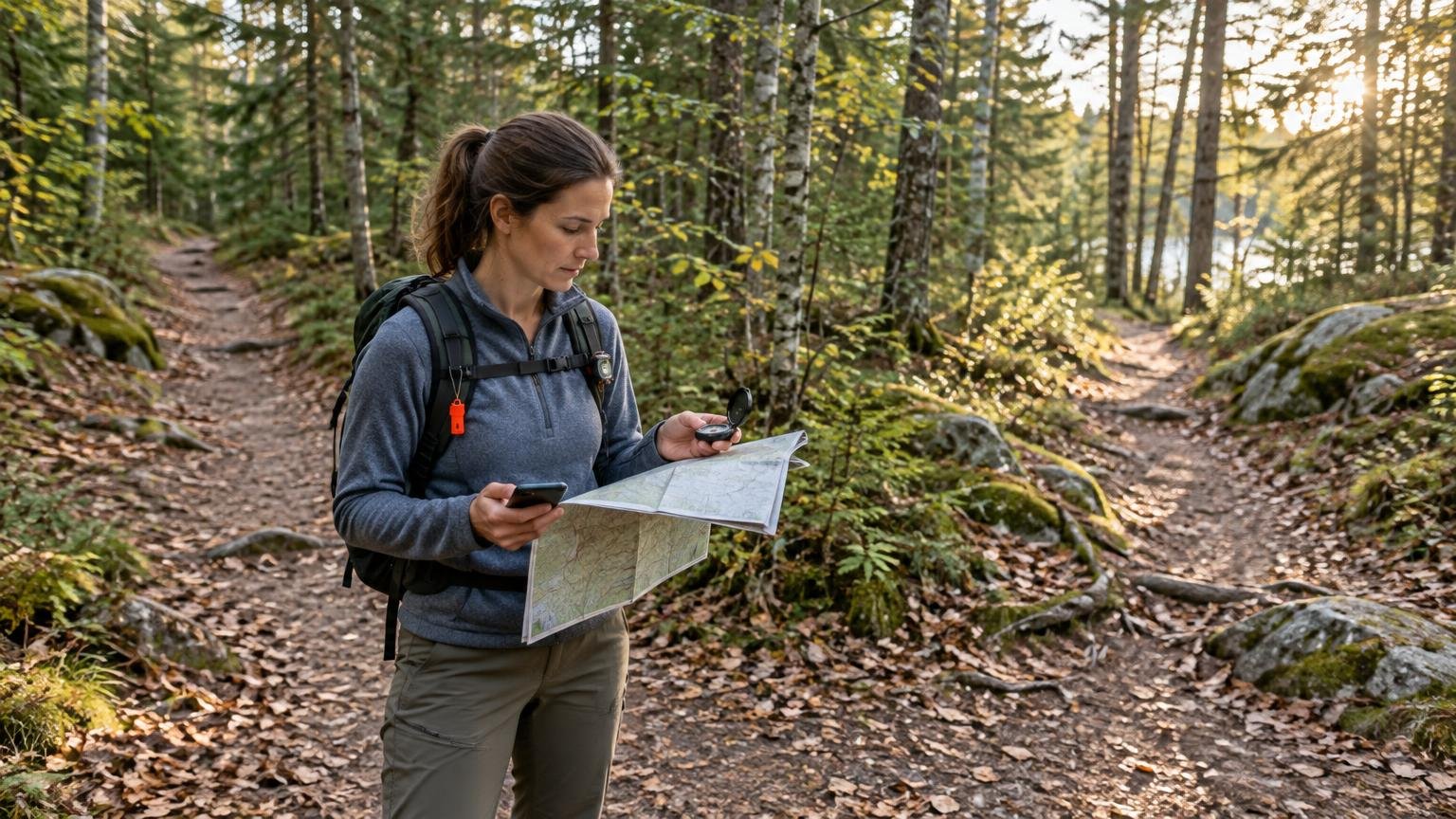 Hiker with a backpack checks a paper map, compass, and smartphone at a forked wooded trail in warm evening light.